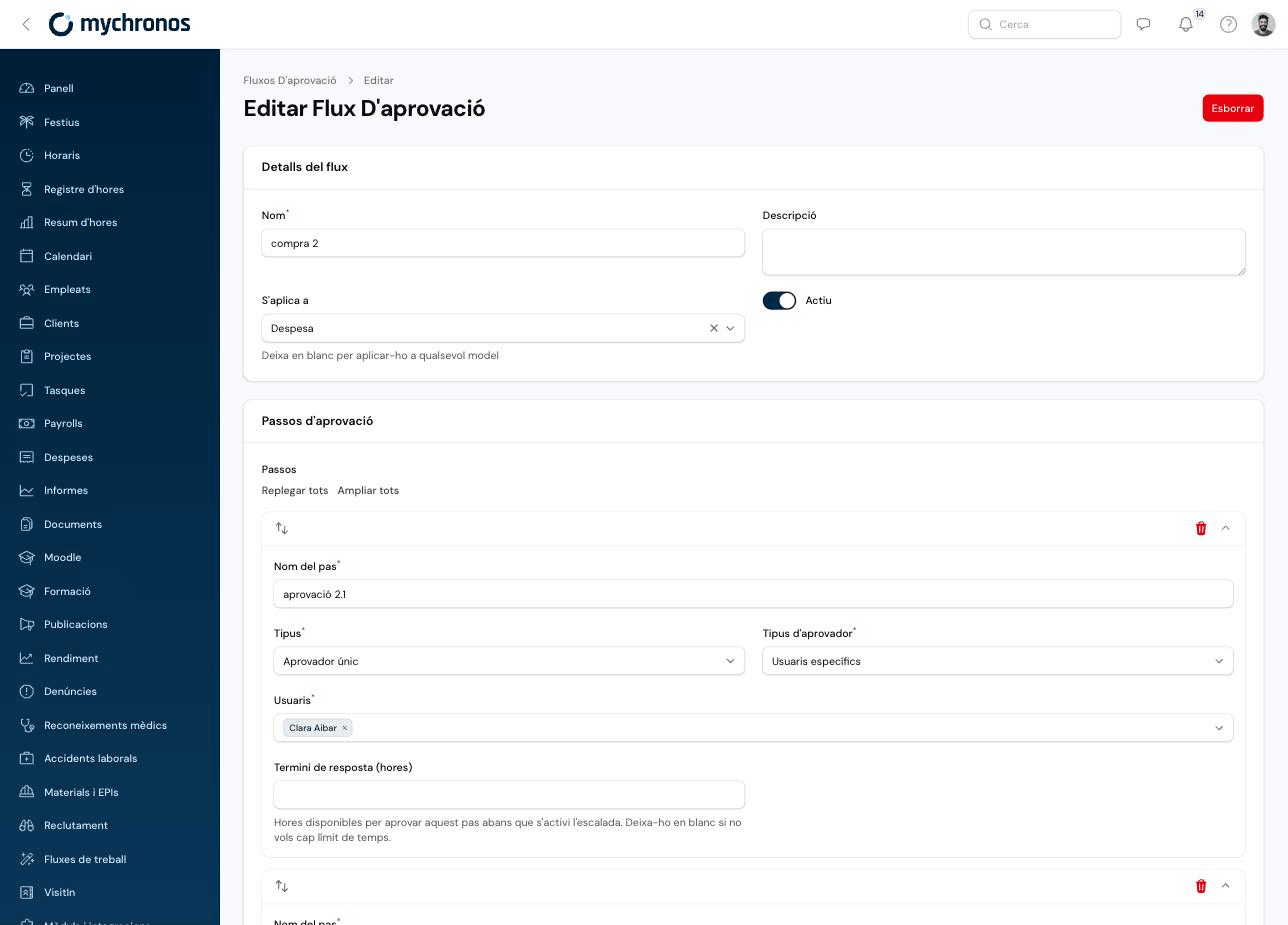 Approval flow edit form showing two ordered steps, each with an approver and a response deadline