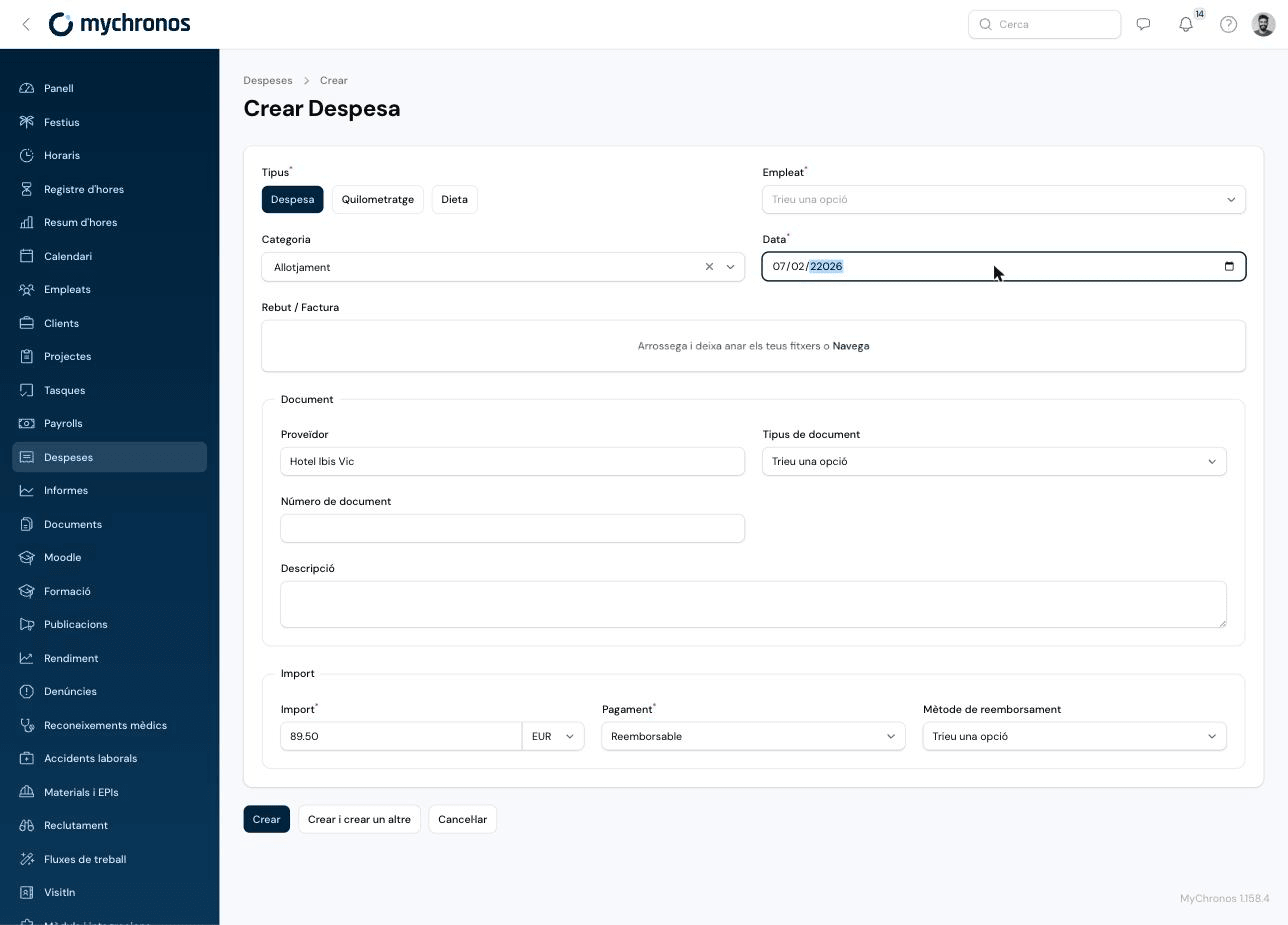 Create Expense form with the Expense type selected, showing category, document, and amount fields