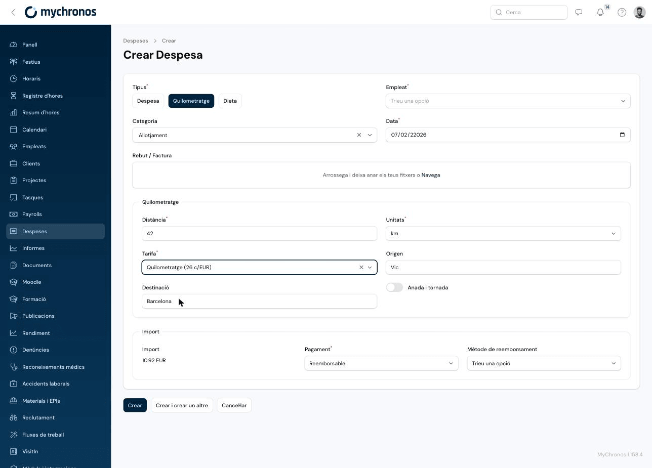 Create Expense form with the Mileage type selected, showing distance, rate, and route fields
