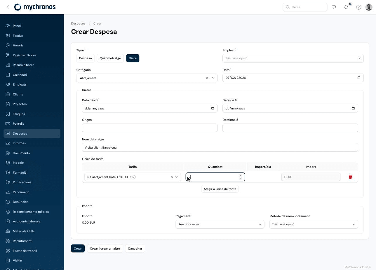 Create Expense form with the Per diem type selected, showing the rate lines table