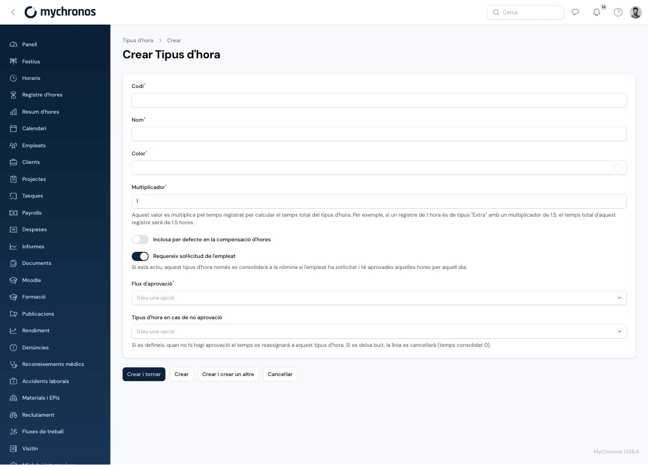 Hour Type creation form with 'Requires employee request' enabled, showing the Approval flow and Hour type when not approved fields