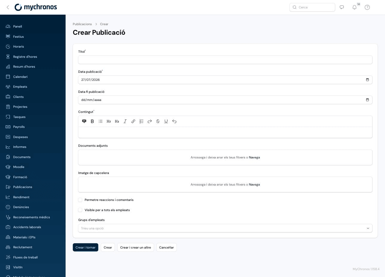 Post creation form with title, publication dates, content, attachments, header image, and the reactions and visibility options