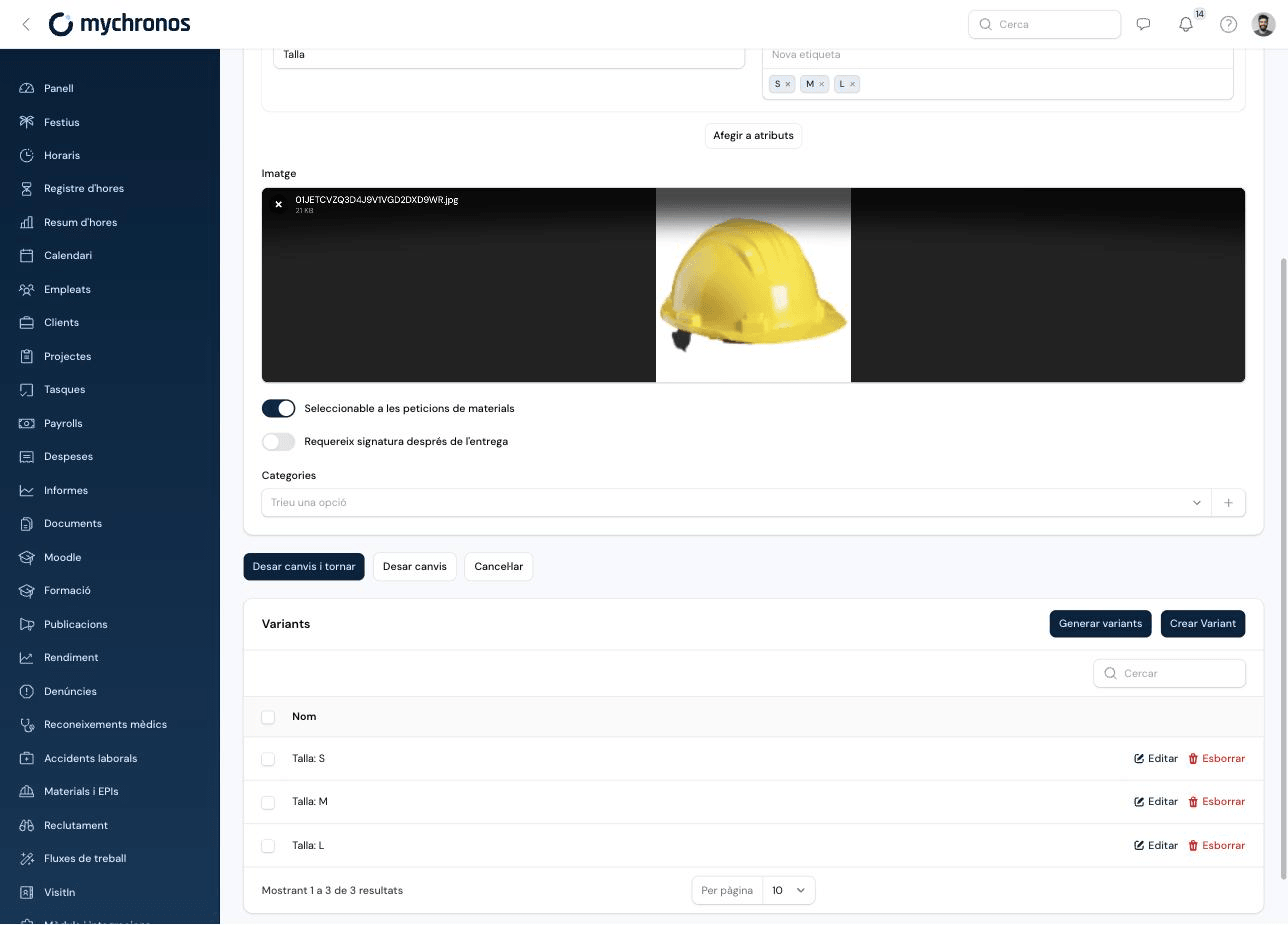 Material edit form with variants generated by size (S, M, L)