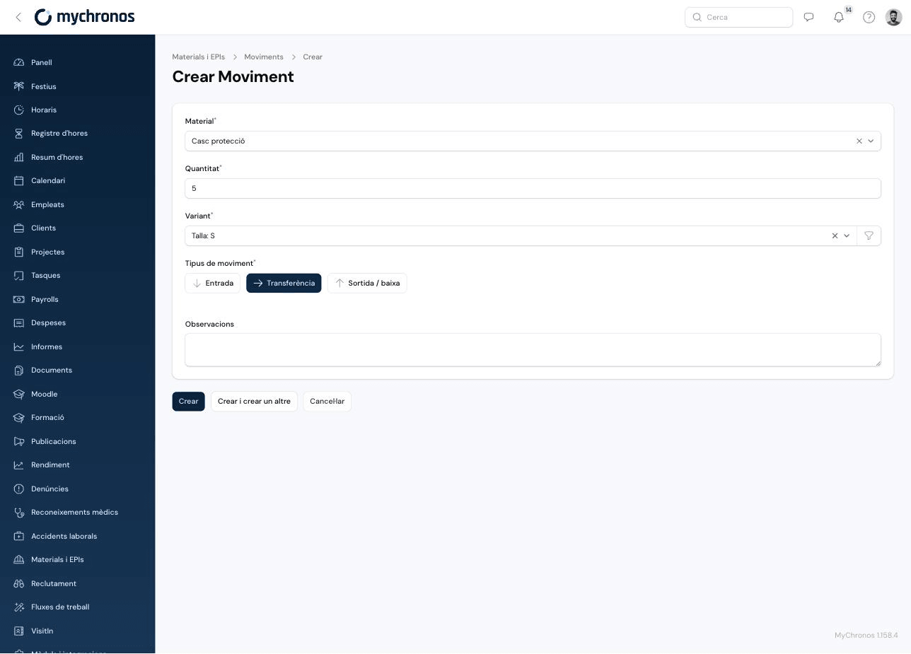 Movement creation form with material, quantity, variant picker, and movement type