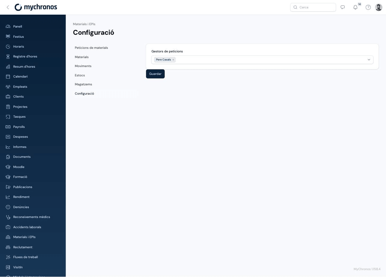 Materials and PPE settings screen with the Request managers selector