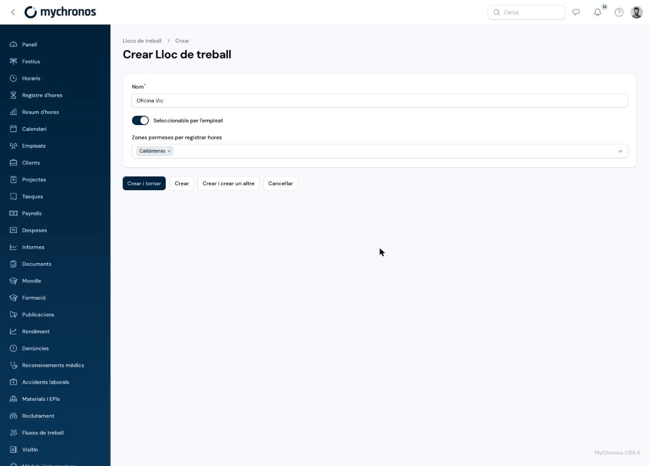 Create Workplace form showing the name field, selectable by employee toggle, and permitted zones field