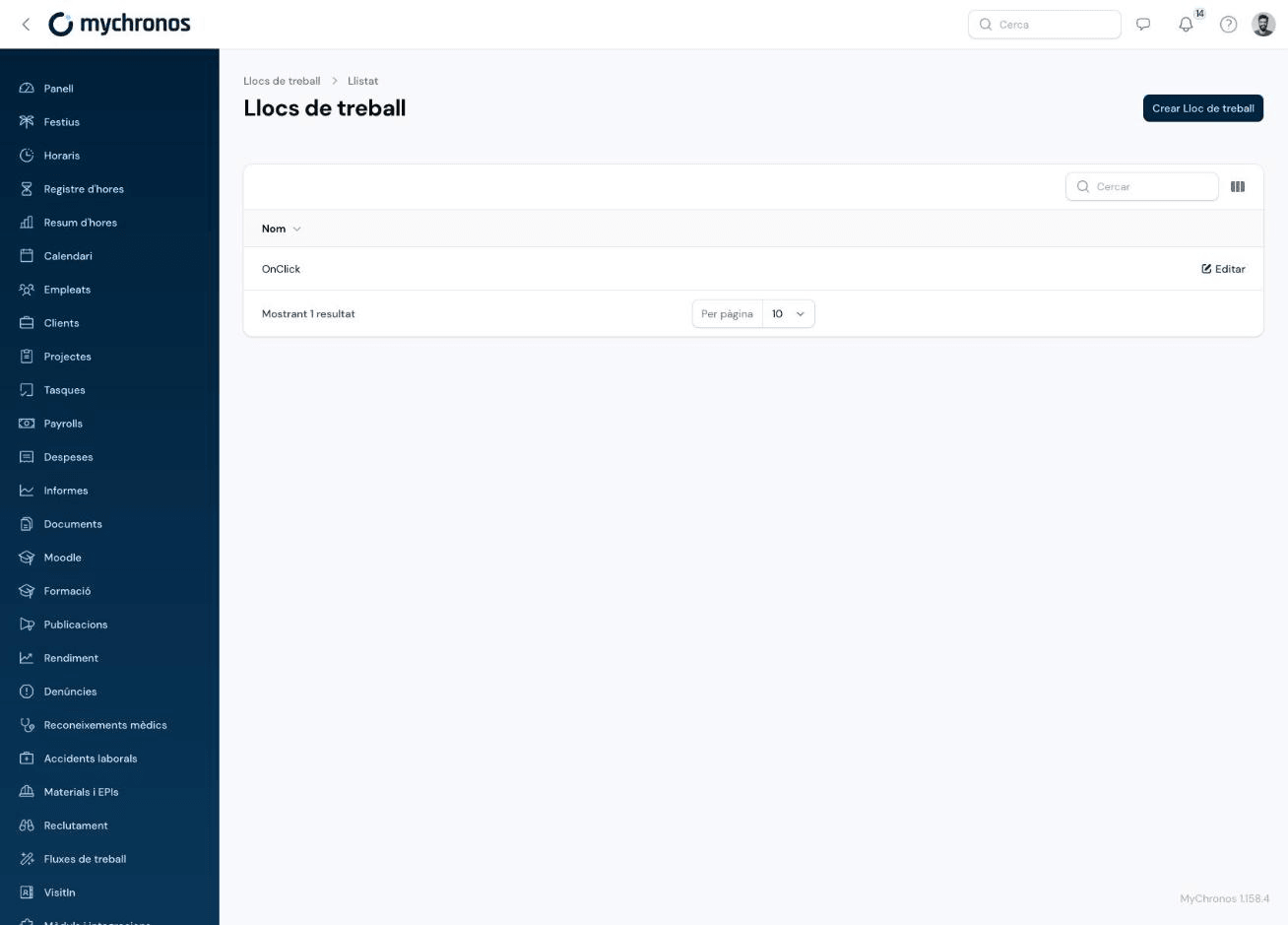 Workplaces list in the MyChronos admin panel
